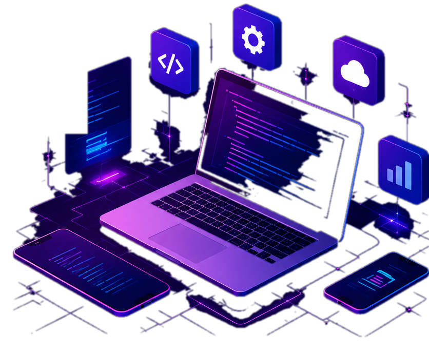 Illustration of a laptop and phones displaying code